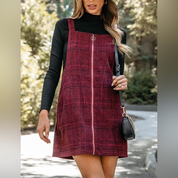 Women's Mini Dress Plaid O-Ring Zip Wide Straps Sleeveless Overall Dress - Picture 6 of 9